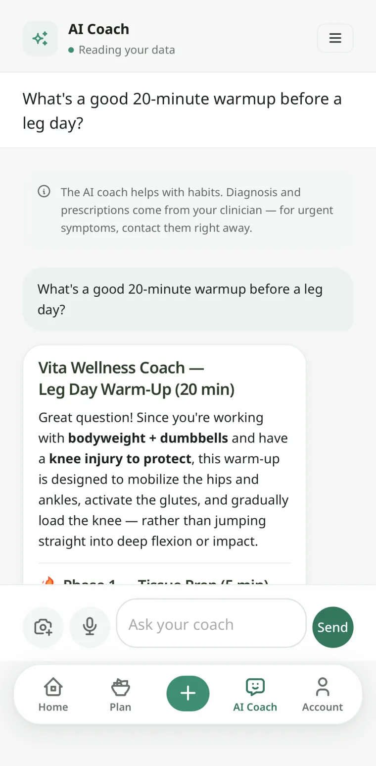 The AI coach answering a question about a leg-day warm-up, referring to the member's dumbbells and the knee it has to protect, above a note that diagnosis and prescriptions come from a clinician.