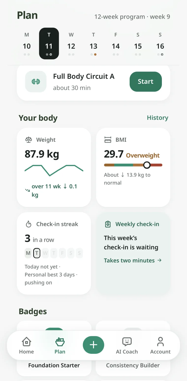 The Plan screen: week 9 of a 12-week program, today's 30-minute workout, weight and BMI cards, a check-in streak, and this week's check-in waiting.