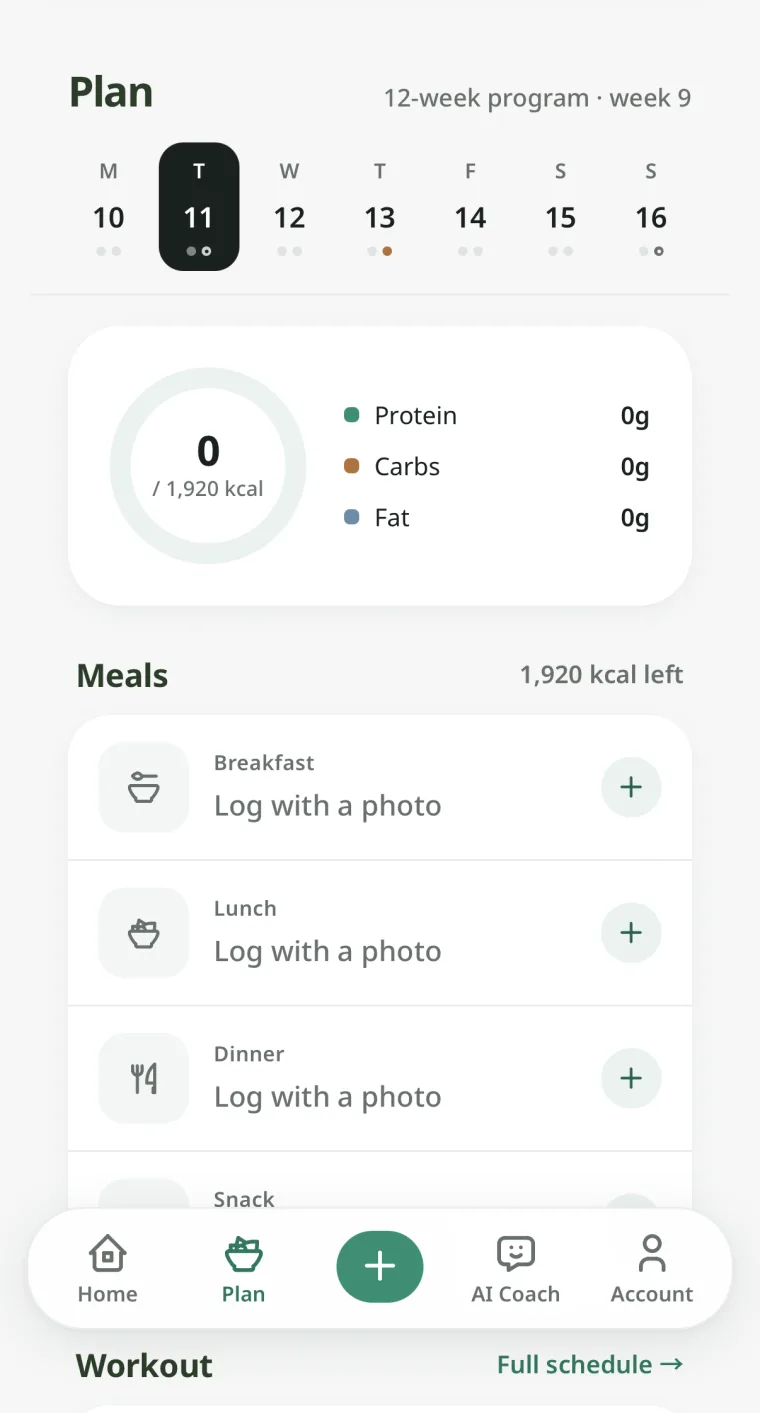The Plate screen: a calorie ring against a 1,920 kcal target, protein, carbs and fat, and breakfast, lunch and dinner each ready to log with a photo.