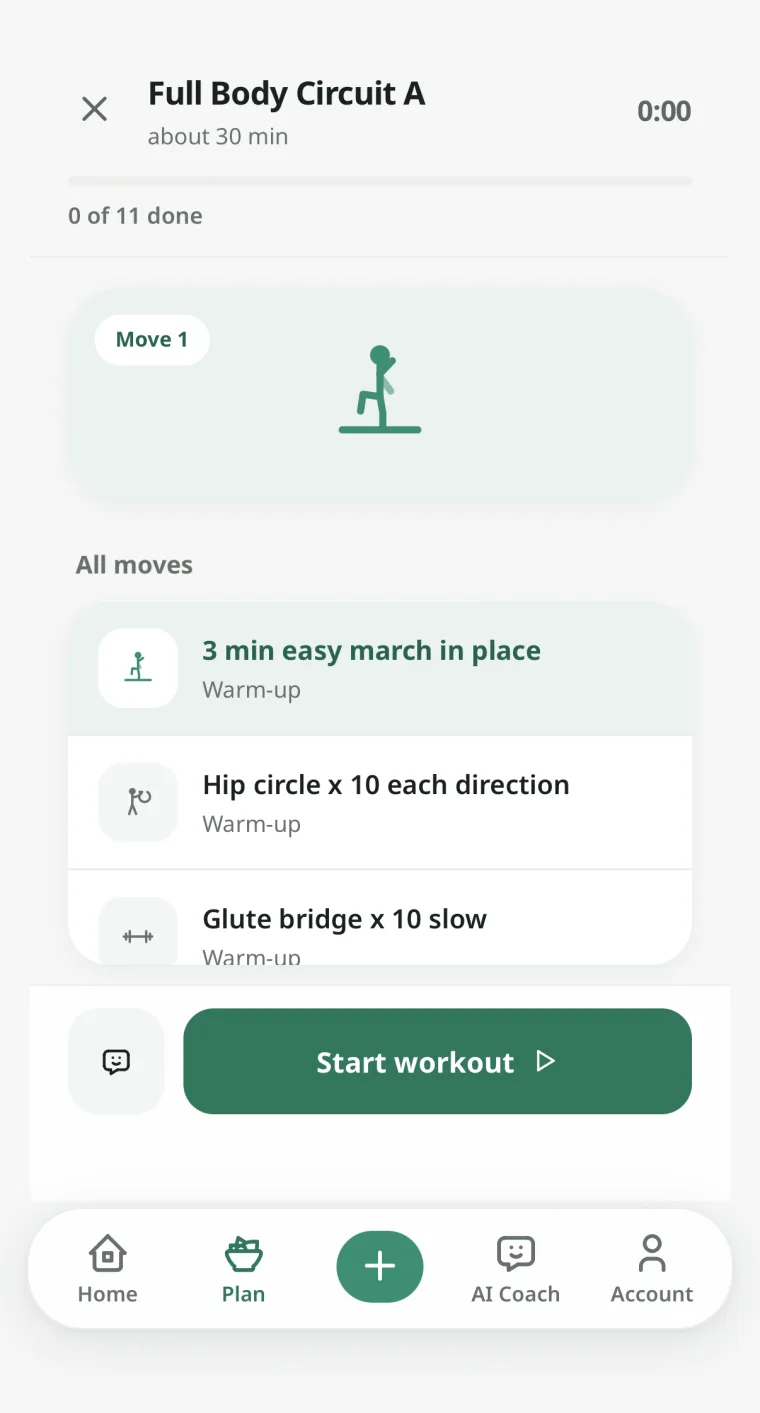 A workout screen: Full Body Circuit A, about 30 minutes, 0 of 11 moves done, with the warm-up moves listed and a Start workout button.